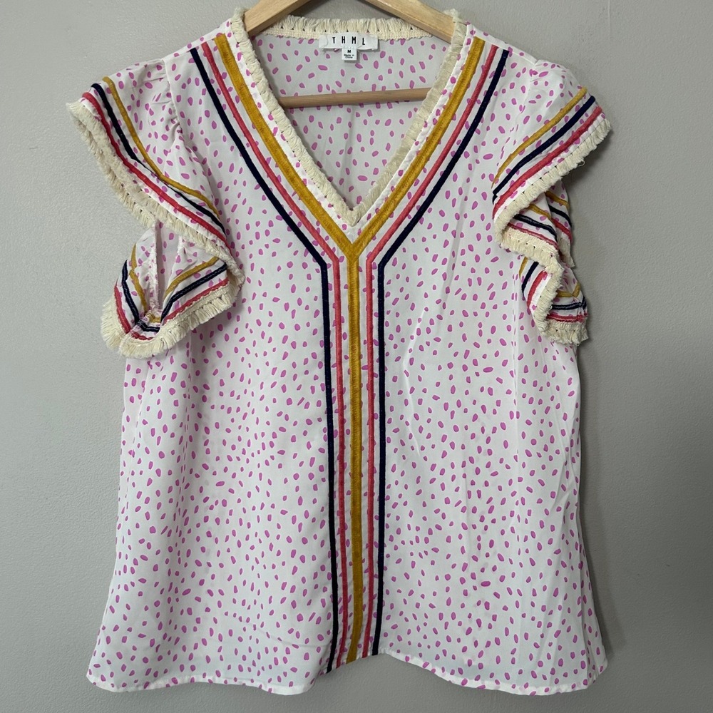 THML Blouse Women Medium White Pink Abstract Dot Ruffle Fringe V-Neck Boho Airy
